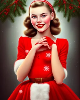 girl in red dress, close up portrait, Christmas, smiling, cute, beautiful, 1940s