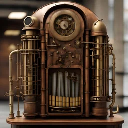 rusty steampunk styled living jukebox made from brass with some organ pipes, some metal strings and a tuba, with some mechanical limbs