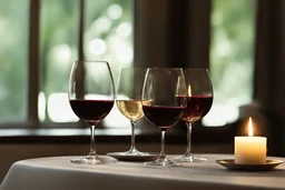 a full glass or red wine on a table next to a full glass of white wine with a candle between them