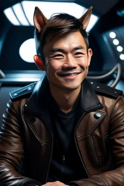 Smiling Male Half-Asian actor with cat ears in a leather jacket, on a spaceship deck