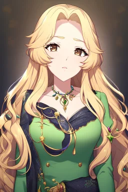 A girl has a long wavy blonde hair , she has very big pretty brown eyes, she is wearing attractive classy casual wear wonderful beyond description, wearing royal accessories and jewelry, royal earring, Ultra detailed face and clothes, without distortion, look at viewer, Anime style, Royal beauty, Prophessional mascara and eyeliner, long eyelashes, High definition small light pink lips, smooth hair, attractive high definition royal bracelet