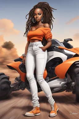 Create a digital airbrush cartoon of a curvy African American female wearing tight white jeans and a off the shoulder orange blouse. She is also wearing timberland boots. Prominent make up with hazel eyes. Highly detailed very long extremely dread locs black hair. Her skin is smooth and silky. Background of a track of ATV riders.