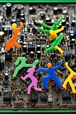 macro photo of a group of people dancing on a computer motherboard