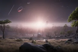 Epic space landscape with meteors in the horizon, trees, distant spaceships, and rocks foreground, 4k