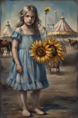 solemn girl in a worn blue dress stands barefoot in a dusty carnival setting, holding a sunflower. A carousel and faded tents loom in the background, with shadowy horses nearby.