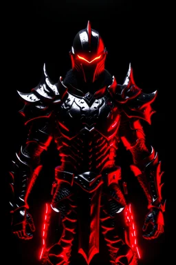 a super villian in black metal armor with red glowing light along the edges of the plates