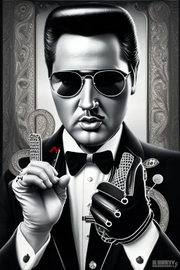 elvis as the mafia godfather wearing gloves, balcony on casino top floor, 4k, trending art, weird perspective, realism, spray paint, detailed