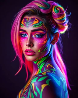 a striking model with colorful hair and body paint, professional body paint, colorfull digital fantasy art, psychedelic goddess, neon light and fantasy,colorful glow, bodypaint, full body art, body paint, full body painting, fullbody painting, vibrant fantasy style, glowing neon skin, glowing with colored light, neon ink, bold and vivid colors, high-definition resolution, professional photography, dramatic lighting to enhance neon shades, Vibrant neon body paint art, intricate eyeshadow design,