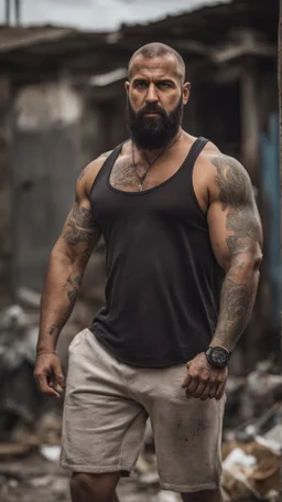 half figure photography of a shy dirty arab burly muscular beefy strong man 38 years old with raided beard, shaved hair, tattoo, ajar mouth, photorealistic ,dressed with a white tank top, side light, outdoor in a dirty street full of garbage