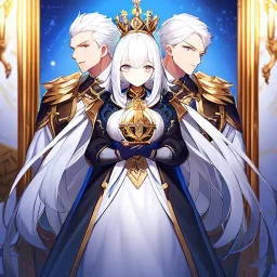 Twins, boy and girl, white hair, silver eyes, royal hall background