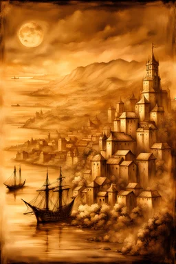 in the art style of Luis Royo: a sepia monochrome medieval fantasy harbor city on a hill side. parchment colored background, dim colors, washed out look