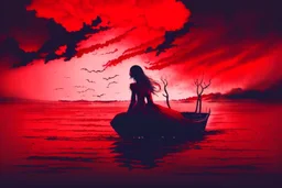 A dark sihlouette of a person drifting among the beautiful haunting blood-red clouds