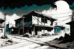 create a hyper detailed illustration of a small southwestern ghost town in the comic art style of FRANK MILLER and BILL SIENKIEWICZ, searing lines and forceful strokes, precisely drawn, boldly inked, with gritty, decayed textures, dramatic otherworldly lighting