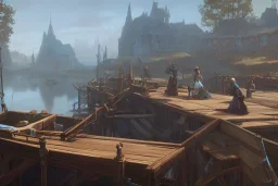 Wooden medieval fantasy docks in poor village, daytime, light shafts, adventurers