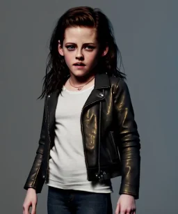 Kristen stewart toddler, full body, leather jacket, dramatic lighting, hyper realistic