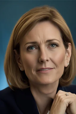 Powerful classical portrait of a modern brunette politician in her late 40s wearing a blue top a little zoomed out