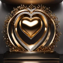 A magnificent golden and silver heart-shaped sign adorned with a stunning golden sphere encrusted with sparkling diamond clusters at its center, elegantly spinning in position.