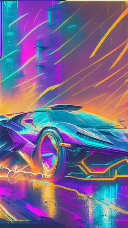 futuristic supercar, hand draw urbansketch art style inspired by Marta Vilarinho de Freitas, flat, vector illustration, urban sketch cyberpunk 2099 blade runner 2049 neon neo-impressionism expressionist style oil painting, smooth post-impressionist impasto acrylic painting, thick layers of colourful textured paint futuristic futurism noir