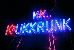a very big blue whita neon sign that say "MR. KUKRUNK" , black background, flashes and sparks, thunder and lightning