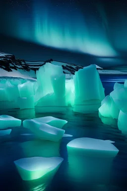 Icebergs in the ocean underneath the northern lights