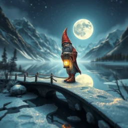 airbrush and pen outline, a glittering Deep Gnome (Svirfneblin) holding huge lantern balancing on frozen bridge pond, huge mountains and moon reflecting on pond, goa psy ambient in the style of vangelis and fsol, source vibrations, bokeh like f/0.8, tilt-shift lens 8k, high detail, smooth render, down-light, unreal engine, prize winning