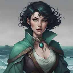 dungeons and dragons human female fathomless warlock, pale freckled skin, short ink black hair, sea green eyes, scar across her bottom lip, wears clothes made for sea travel, portrait