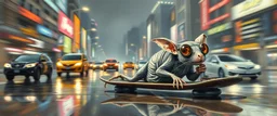 master oil painting by Rembrandt, pen outline and airbrush,the tilted quilter,glasses and ticks, cyberpunk imagery synchronized mechanical gremlin rat bat laying low barely hanging on, drumming kit flat board trike flickering stable core, wet reflective salt flat city, fast motion blur background, translucent tube cars