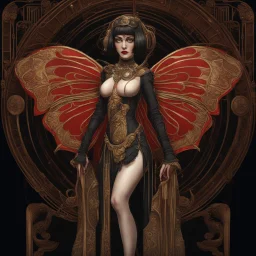 Full body, art nouveau woman with a bob with a fringe hairstyle, Cleopatra clothing, steampunk metal butterfly wings, red markings, black background