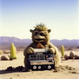 Godzilla as a baby muppet kawaii calling phone using a cellphone nokia, desert egipt studio photo. Magazine 1980