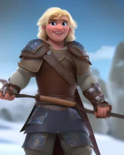 strong medieval warrior with blond short hair, blue eyes and wide warm smile with an axe with green and brown clothes