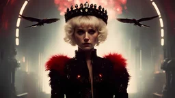 high resolution, best quality, cinematic shot, , full body shot wide angle, blade runner, blonde woman in red , with a black crow on her shoulder, the woman has got a crystal white crown on her head. stars are reflecting in the glass crown