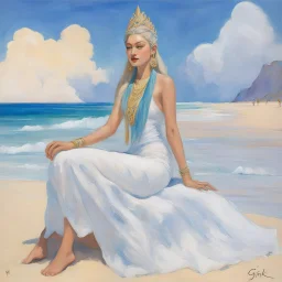 [art by Kupka] The term "Fuku" refers to fortune or good luck. "Shiva" refers to Gigi Hadid as the Hindu deity who represents strongly polar qualities, both severe and delicate. On a beach inspired by ethereal adventures in Thailand, Gigi Hadid stands, who is psychologically rendered.