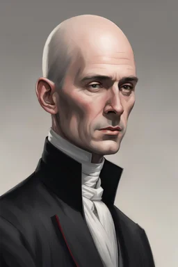 Draw me a 40-year-old man with sharp cheekbones. He has long white hair pulled back. Bald forehead, missing eyebrows. Slim build and tall stature. Wears a black overcoat with red lines and a high collar