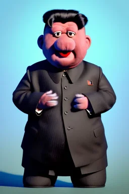 Waist up muppet Portrait, Kim Jong-un as muppet doll, black suit, photo studio, blue background, unreal engine 5, concept art, art station, god lights, ray tracing, RTX, lumen lighting, ultra detail, volumetric lighting, 3d.