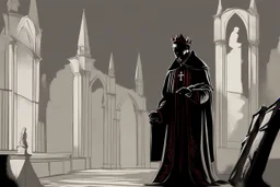 cardinal priest, reading, shadow, silhouette, gray background, medieval, illustration,