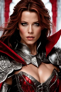 Close up Gorgeous photograph Silver and red fantasy Beautiful Kate Beckinsale as an Queen Vampire armour, with a red cape, with black and red spikes coming out the back and arms, glowing red eyes, long red hair pony tail coming out,at castle