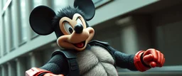 hi speed bad ass cyber punk masculine realistic mickey mouse humanoid with hairy arms and chest, motion blurred background