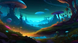 A captivating sci-fi digital painting of an alien landscape, teeming with otherworldly plants that emit a soft, eerie glow. Weird, bioluminescent creatures of various shapes and sizes roam the landscape, blending seamlessly with the vibrant flora. In the distance, a cluster of distant planets can be seen, each with unique colors and textures. The overall ambiance of the painting exudes a sense of mystery, wonder, and exploration.