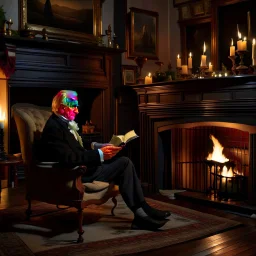 A pleasant and charming scene of a 70-year-old man in the Victorian period sitting on a wing chair next to the fireplace and reading The Times of London while enjoying a glass of wine on a winter evening. The man has a balding forehead and curly white hair. He wears black shoes and sits by the hearth on which candles are lit in candlesticks. On the wall hang paintings of an English countryside landscape. A boxer dog is napping on a carpet on the floor next to the woman. . The room is lit by th