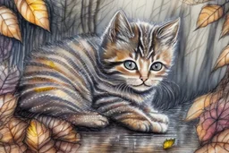 Cute soft contented kitten sweeping autumn leaves from the dirt road in the forest, reflecting water, misty morning sky, intricate zentangle, muted colours, employ golden ratio, elegant, intricate, very beautiful, high definition, hdr, pencil sketch, ultra realistic, ink, wet on wet watercolor, sparkling background