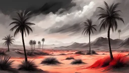 A view of a desertic landscape with dust palm trees, with the grey sand, dark clouds and the sky red, hdr, hight contrast, shading, detailed shading, digital painting, detailed painting, dark art, deppresive atmosphere, detailed atmosphere