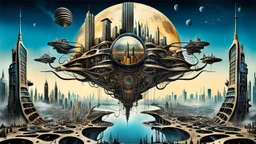 a stunningly weird image of a futuristic floating metropolis using Salvador Dali's paranoiac-critical method, where buildings and structures appear to melt into the skyline cityscape is filled with floating mad, twisted sharp metal shapes that interact with the buildings and each other, forming a surreal tableau of a dreamlike reality. neu-steampunk vibe, essence of the scene in a cinematic manner, with dramatic shadows that enhance the distorted perspectives and bizarre