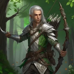 Please create an image for a young elven male with light brown skin, silver hair, and green eyes. He is standing outside in the forest during springtime, wearing leather armor and wielding a large crossbow. He is accompanied by a small mechanical bird and a walking suit of armor