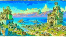 Destroyed City, medieval ruins, debris, stone, breched, brocken, Perspektiv from the sky, by Jean-Baptiste Monge, Ivan Bilibin, Albert Bierstadt, Reza Badrossama, watercolor, intricate details, fantasy, beautiful, oil on canvas, award winning, imperial colours, fantastic view, radient colours, very attractive, crisp quality
