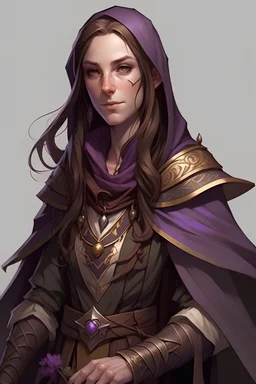 cahotic evil charismatic Wood Elf Bard Female with pale skin and sharp features, long brown hair, wearing a purple vest and brown adventurer's cloak with a smirk.