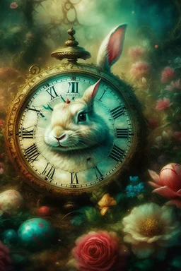 The fairy tale "Alice in Wonderland", a rabbit with a clock hurries among the bushes of vintage roses Oil on silk, work of art, hyperdetalization, professionally, filigree, misty haze,surrealism, transparent, delicate pastel tones, backlight, grunge style, three-dimensional watercolor, aesthetically pleasing, beautiful, realistic, high resolution, high detail, ISO 100 photosensitivity and aperture f/2.8, 1/250 with a 30 mm lens, 32 KB