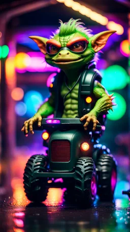 portrait of lizardman Hairy Gremlin myth buster pimp ninja yoga cyber punk in flying hipster lawn tractor parked in dark neon lit reflective wet arcade hall tunnel,bokeh like f/0.8, tilt-shift lens 8k, high detail, smooth render, down-light, unreal engine, prize winning