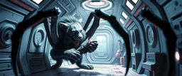 gritty air brush 3d with pen outline, vampire space loab spider lion cat holding a human in its grip, pin hole cam in doll house space ship corridor, in the style of HR GIGER, ESCHER