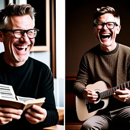 Photo montage of a middle-aged man with short hair. the image-1 shows him laughing in casual attire. image-2 portrays him reading a book in glasses and a sweater. image-3 captures him jogging in sportswear with determination. image-4 depicts him playing guitar in a relaxed environment