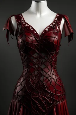 Dark red, off-the-shoulder, strappy leather dress inspired by fractals in nature.
